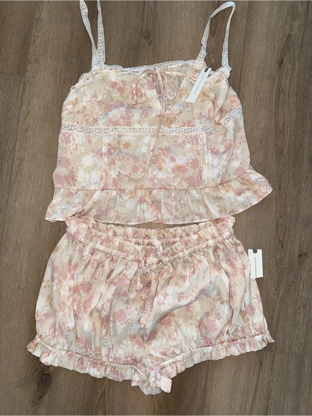 NWT Anthropologie Lyrebird Silky Lace Trim Pajamas Pajama Set Tank Shorts M L